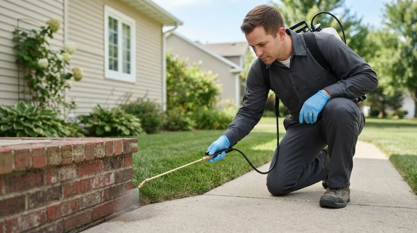 Pest control technician treating a home near Hollister, MO