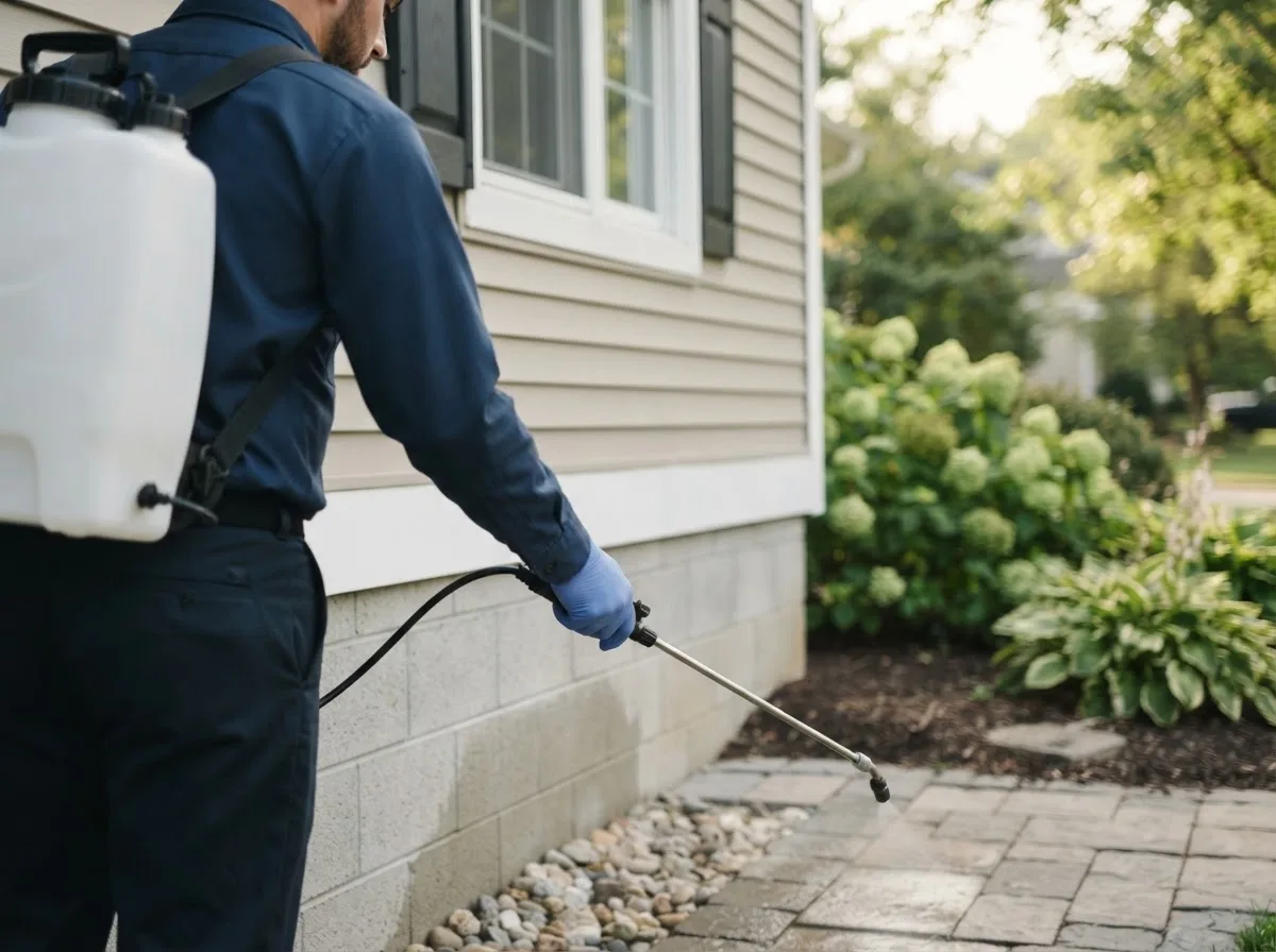 Pest control technician inspecting a home in Hollister, MO